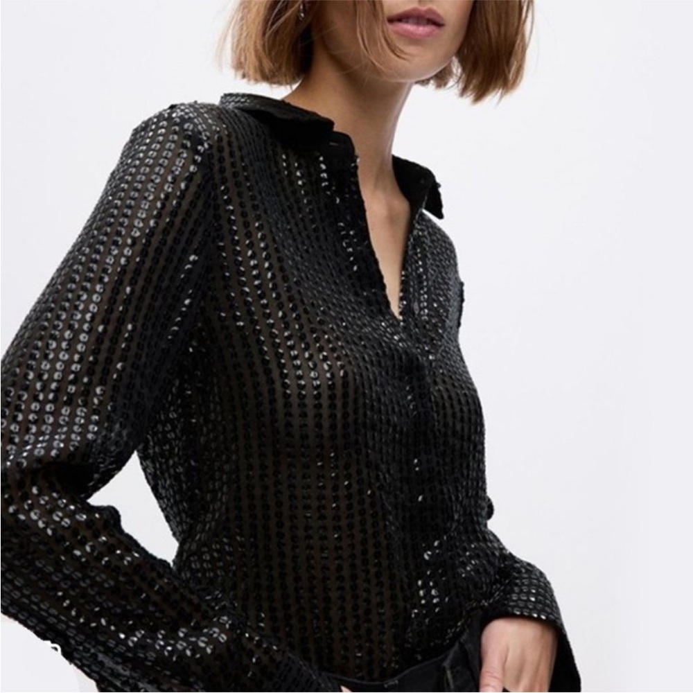 GAP black semi sheer sequin shirt XXL NWT